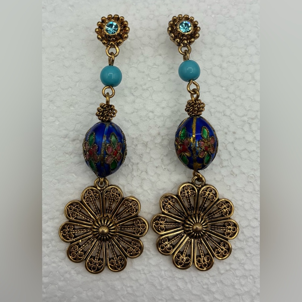 Elegant Blue and Gold cloisonné pierced Floral Earrings 2.5” drop